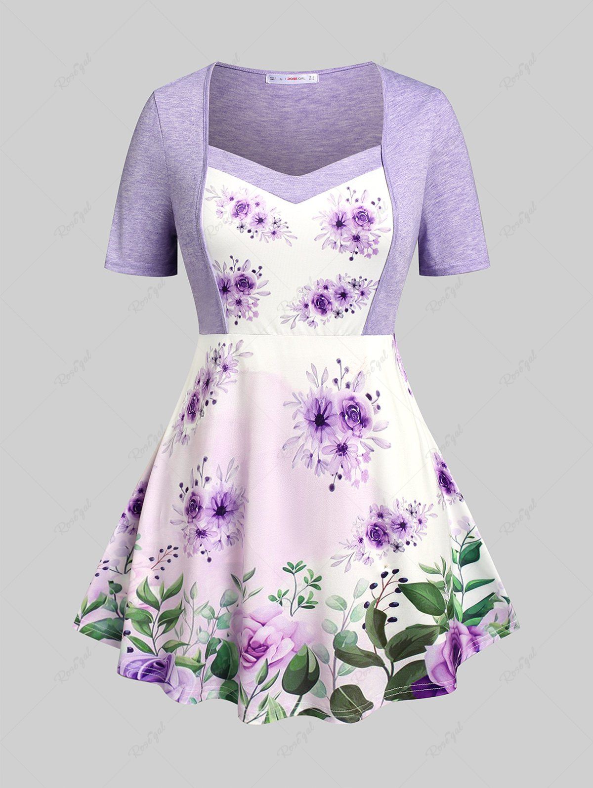 T-shirt à Imprimé Floral de Cottagecore Grande Taille Violet clair 