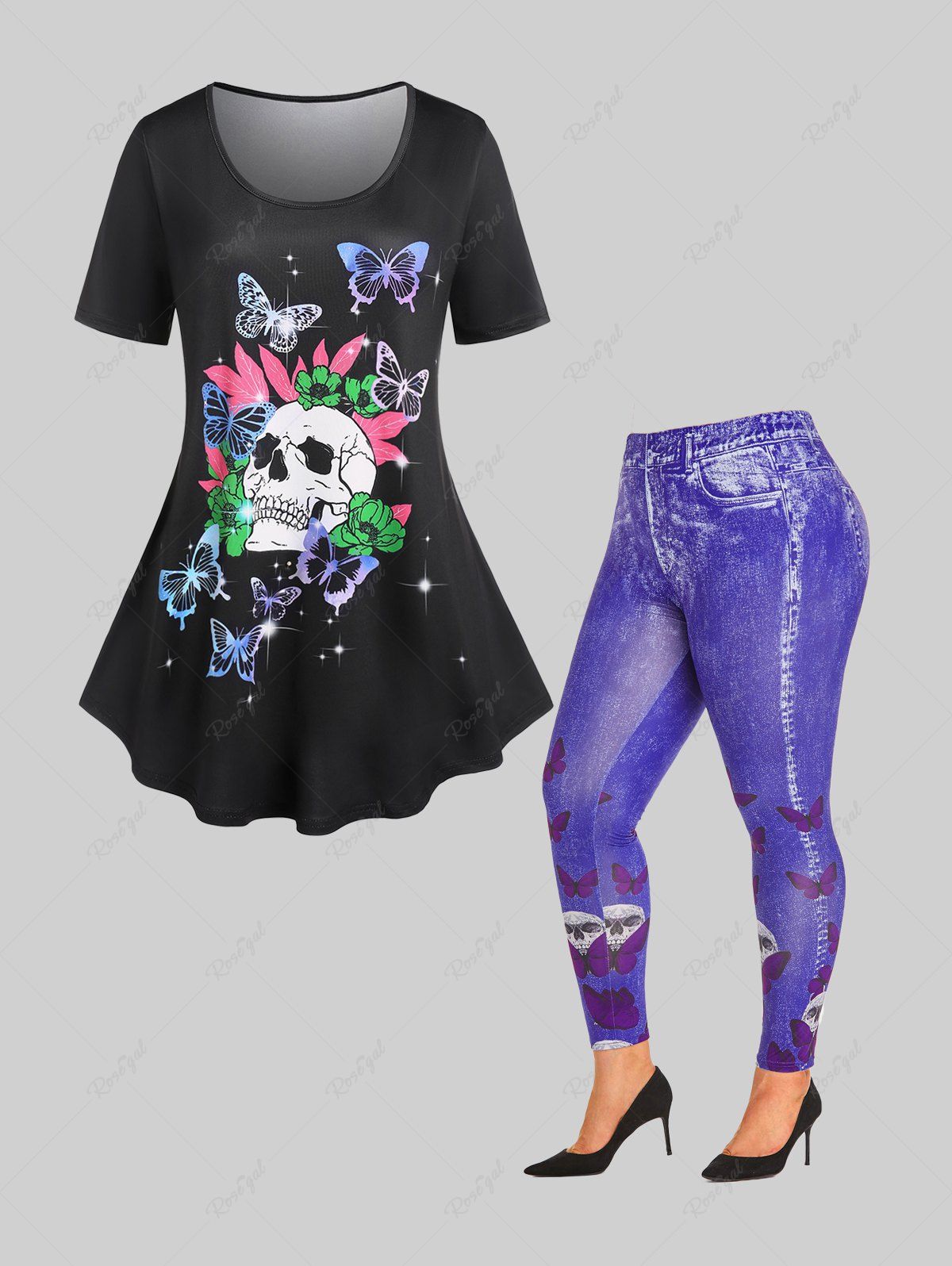Outfits Gothic Skull Butterfly Tee and High Waist Curve Leggings Plus Size Summer Outfit  