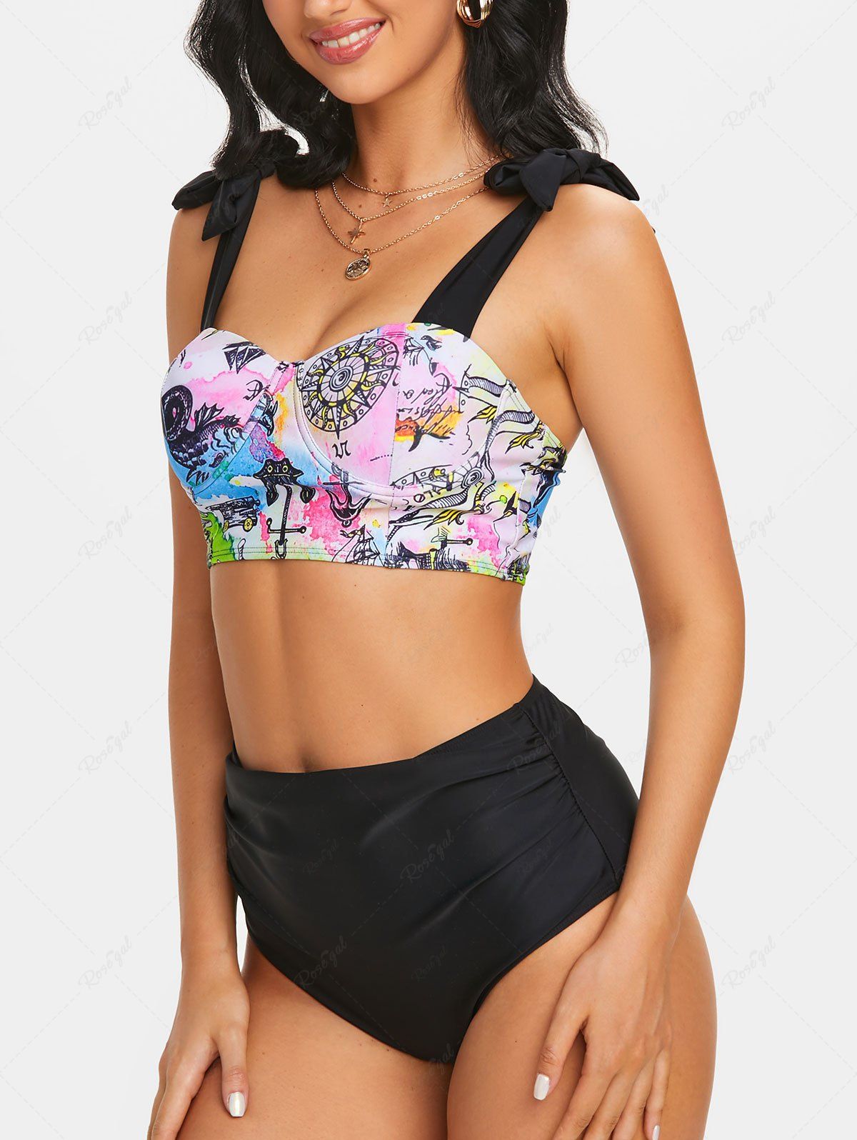 Maillot de Bain Tankini Matelassé à Imprimé Peinture avec Nœud Papillon Multi XL
