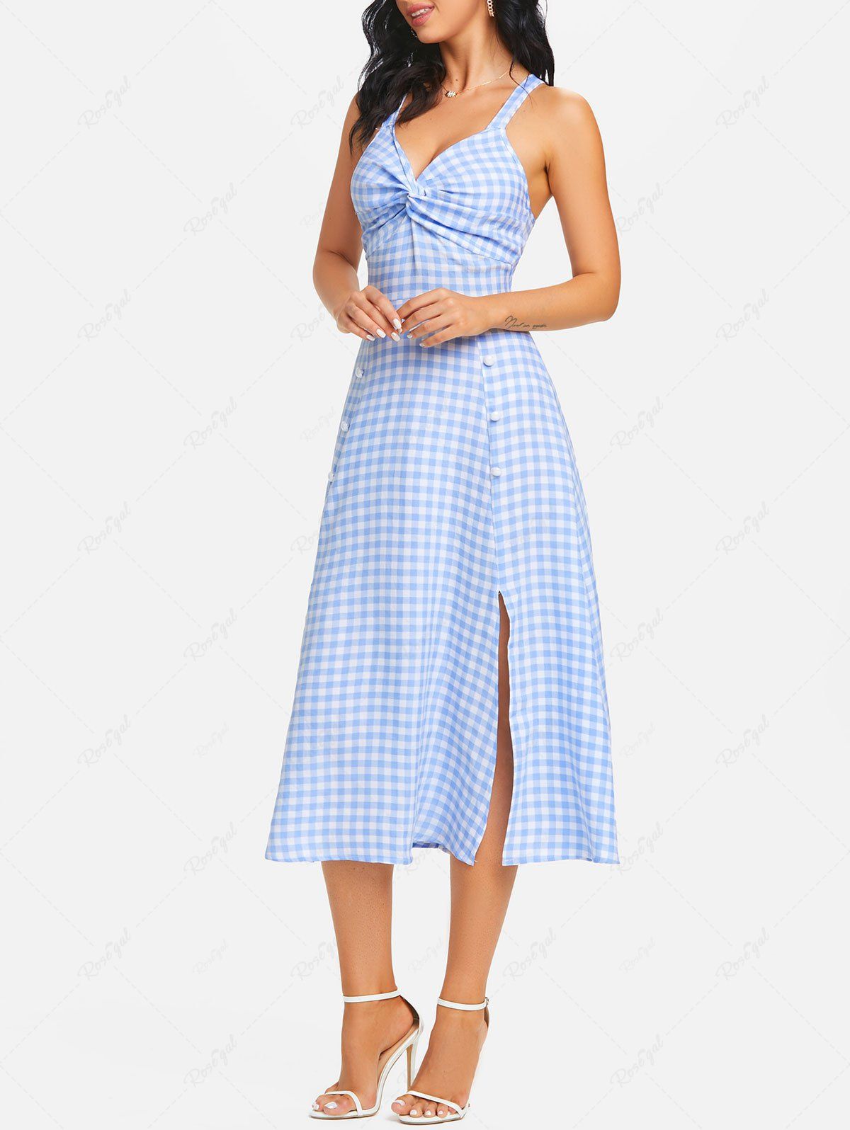 Sale Plaid Print Sleeveless Twisted Front Dress  