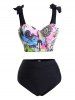 Maillot de Bain Tankini Matelassé à Imprimé Peinture avec Nœud Papillon - Multi XL