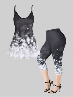 Sparkle Starlight Print Flowy Tank Top and Capri Leggings Plus Size Summer Outfit - BLACK