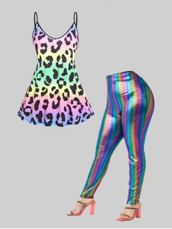 Leopard Rainbow Print Tank Top and Sparkle Metallic Party Pants Plus Size Festival Outfit - MULTI