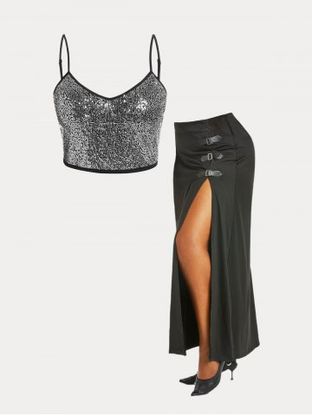 Sequined Top and High Slit Maxi Skirt Plus Size Summer Festival Outfit
