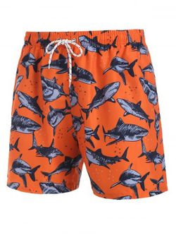 Shark Print Board Shorts - RED - M