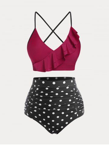 Plus Size Vintage Ruffled Polka Dot Ruched High Waist 1950s Bikini Swimsuit - RED - 5X