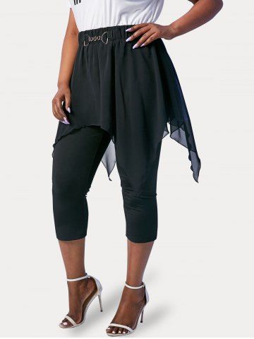 Plus Size & Curve Chiffon Overlay D Ring Cropped Skirted Pants - BLACK - 5X