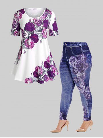 Kiss Rose Swing Tunic Tee and High Waist 3D Jeggings Plus Size Outfit - PURPLE