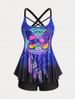 Plus Size & Curve Butterfly Print Crisscross High Waist Boyleg Modest Tankini  Swimsuit -  