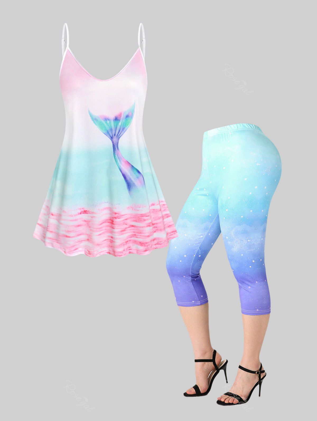 Sale Ombre Mermaid Print Tank Top and High Waist Galaxy Capri Leggings Plus Size Summer Outfit  