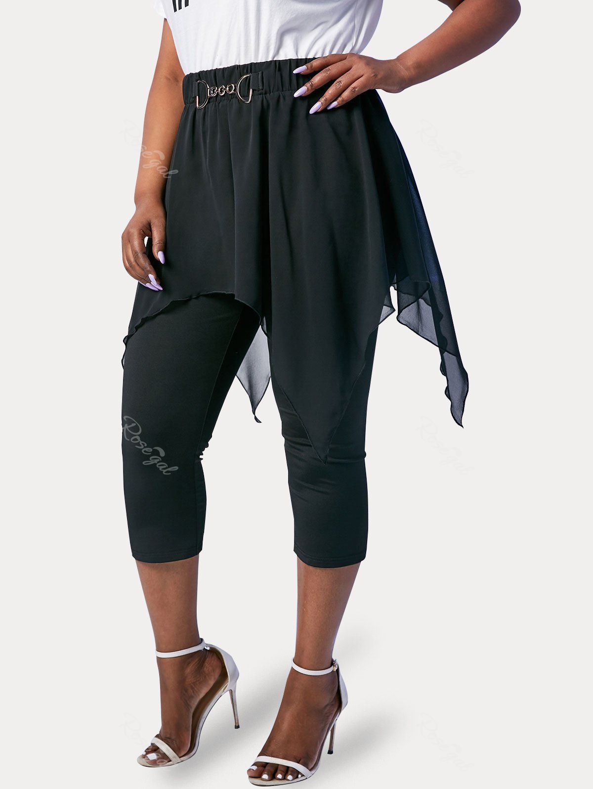 Trendy Plus Size & Curve Chiffon Overlay D Ring Cropped Skirted Pants  
