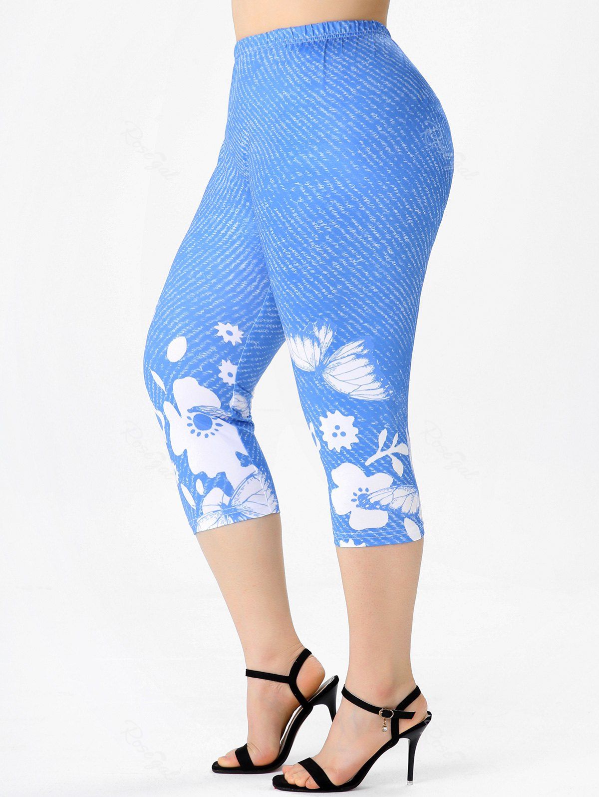 Legging Capri 3D Courbe Imprimé à Taille Haute de Grande Taille Bleu clair 5x | US 30-32