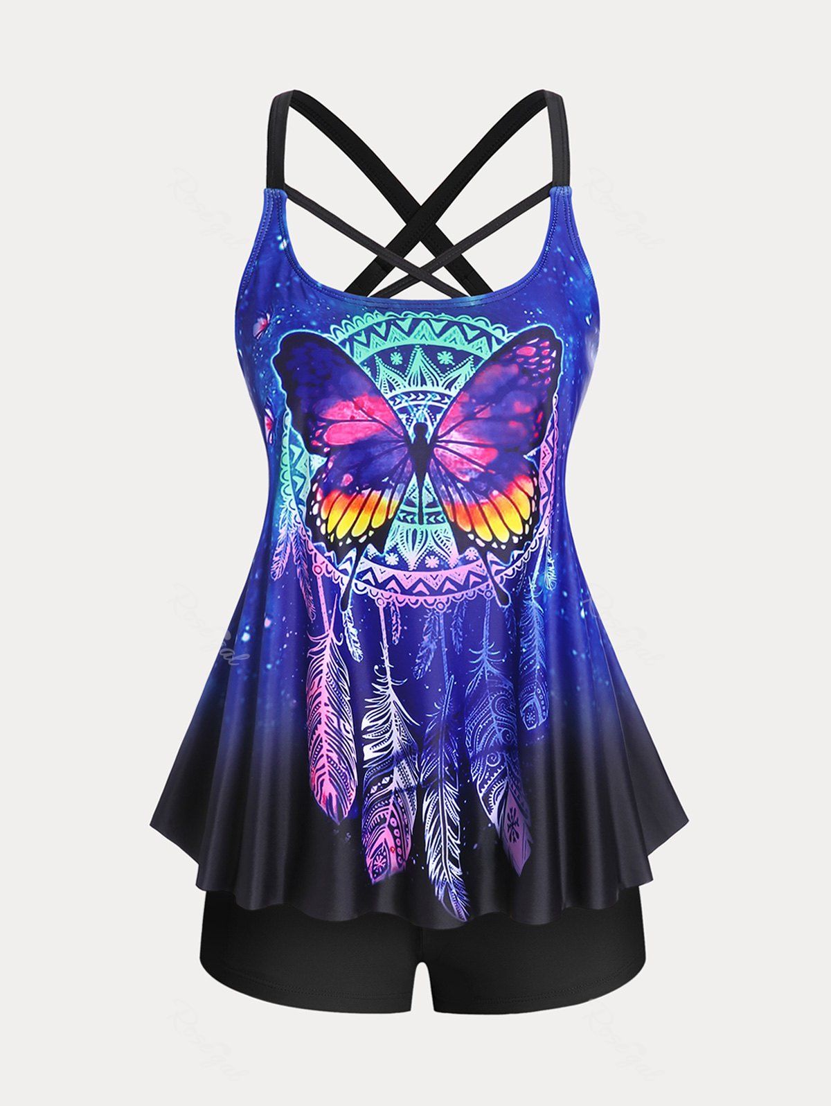 Fashion Plus Size & Curve Butterfly Print Crisscross High Waist Boyleg Modest Tankini  Swimsuit  