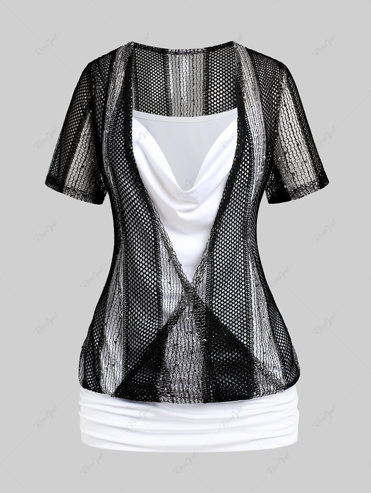 New Plus Size & Curve Two Tone Net Short Sleeves Blouson Tee  