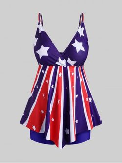 Plus Size & Curve Patriotic American Flag Surplice Boyshort Modest Tankini Swimsuit - BLUE - L
