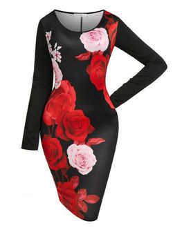 Plus Size Rose Print Bodycon Mini Dress - BLACK - L