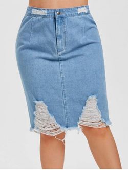 Plus Size Ripped Denim Skirt - BLUE - 5X