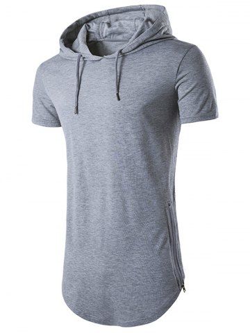 Zipper Slit Curved Hem Hooded T Shirt - LIGHT GRAY - XXL