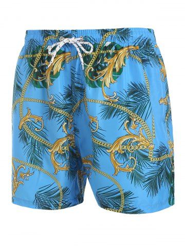 Tropical Leaf Baroque Print Beach Shorts - BLUE - XXL