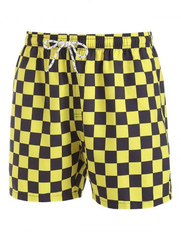 Checkerboard Print Casual Shorts - YELLOW - L