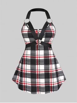 Plus Size & Curve Gothic O Ring Harness Plaid Backless Tank Top - BLACK - 2X | US 18-20