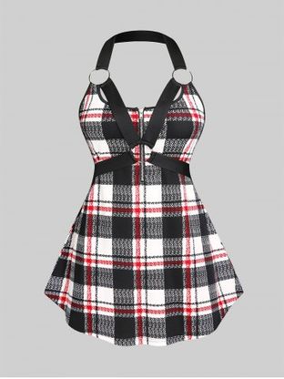 Plus Size & Curve Gothic O Ring Harness Plaid Backless Tank Top