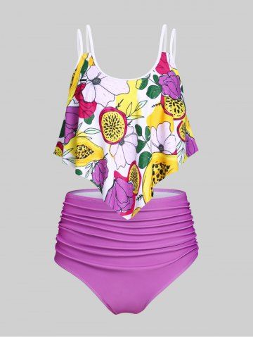 Plus Size & Curve Ruffled Floral Print Ruched High Waist Tankini Swimsuit - MULTI-A - 2X
