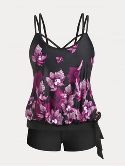 Plus Size & Curve Floral Print Tie Side High Waist Boyleg Tankini Swimsuit - BLACK - 1X