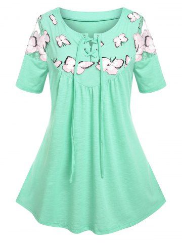 Plus Size Butterfly Embroidery Mesh Insert T Shirt - LIGHT GREEN - 5X