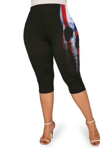 Plus Size American Flag Skull Print Patriotic Capri Leggings