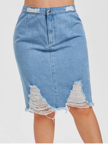 Plus Size Ripped Denim Skirt - BLUE - L