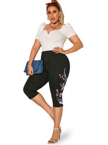 Plus Size & Curve Butterfly American Flag Print Patriotic Capri Leggings