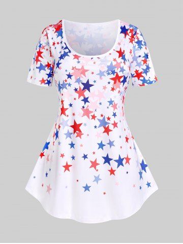 Plus Size & Curve Star American Flag Print Patriotic Tee - WHITE - 2X | US 18-20