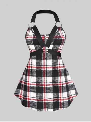 Plus Size & Curve Gothic O Ring Harness Plaid Backless Tank Top - BLACK - M | US 10
