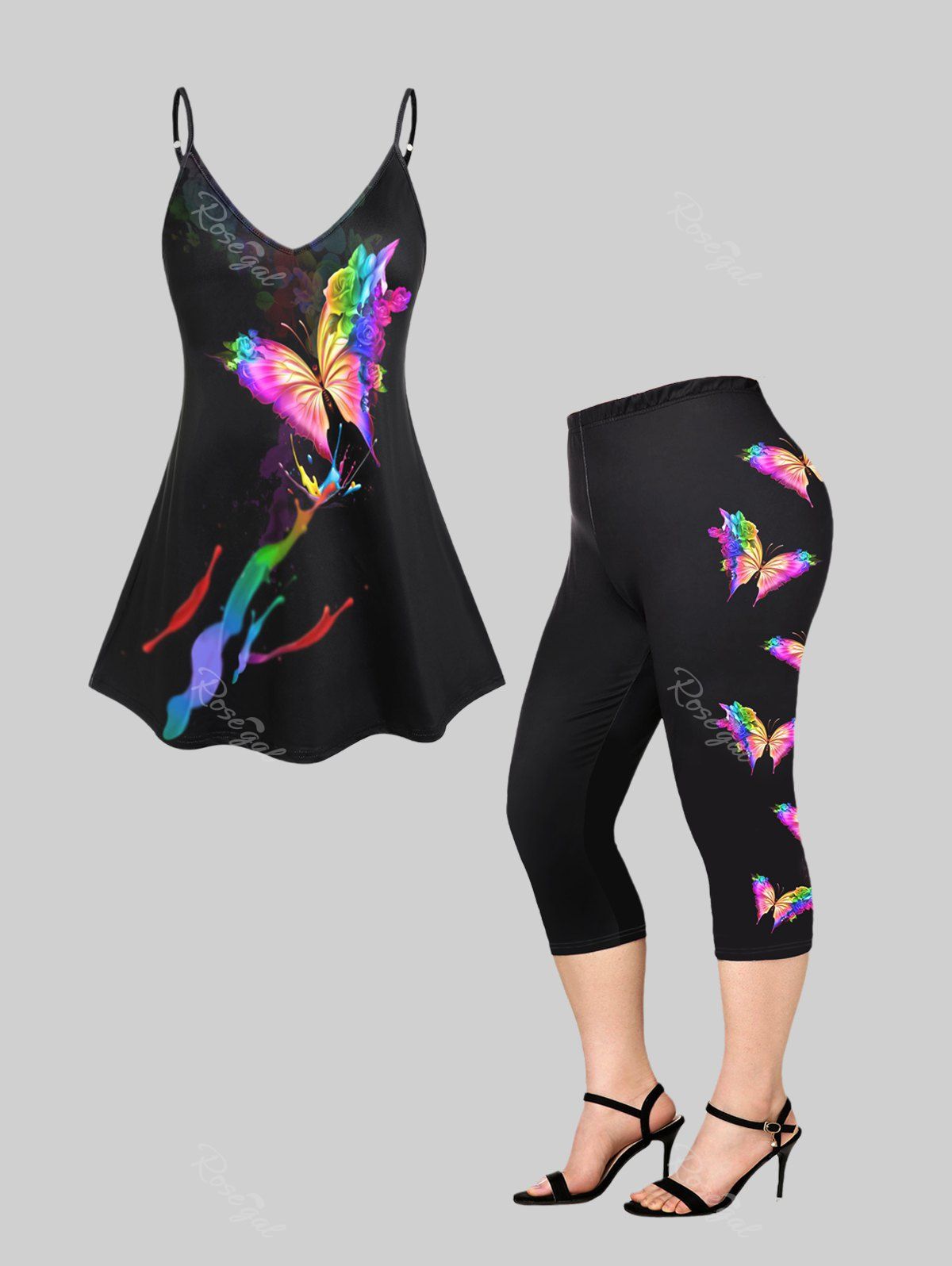 Trendy Splatter Paint Rainbow Butterfly Print Plus Size Summer Outfit  