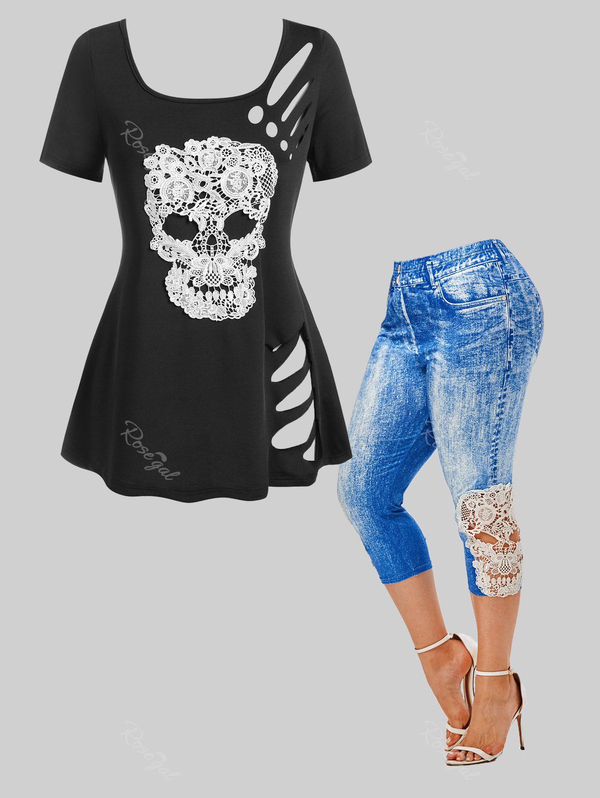 New Gothic Lace Skulls Ripped Tee and Capri Leggings Plus Size Summer Outfit  