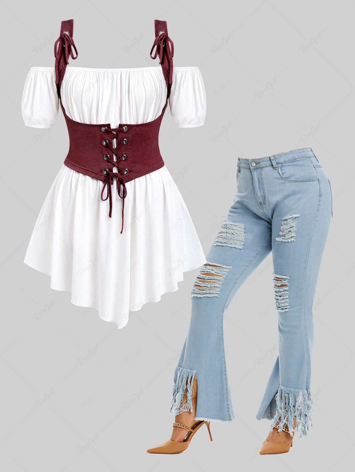 Shops Off Shoulder Tee With Lace Up Croset and Fringed Flare Jeans Plus Size Summer Festive Outfit  