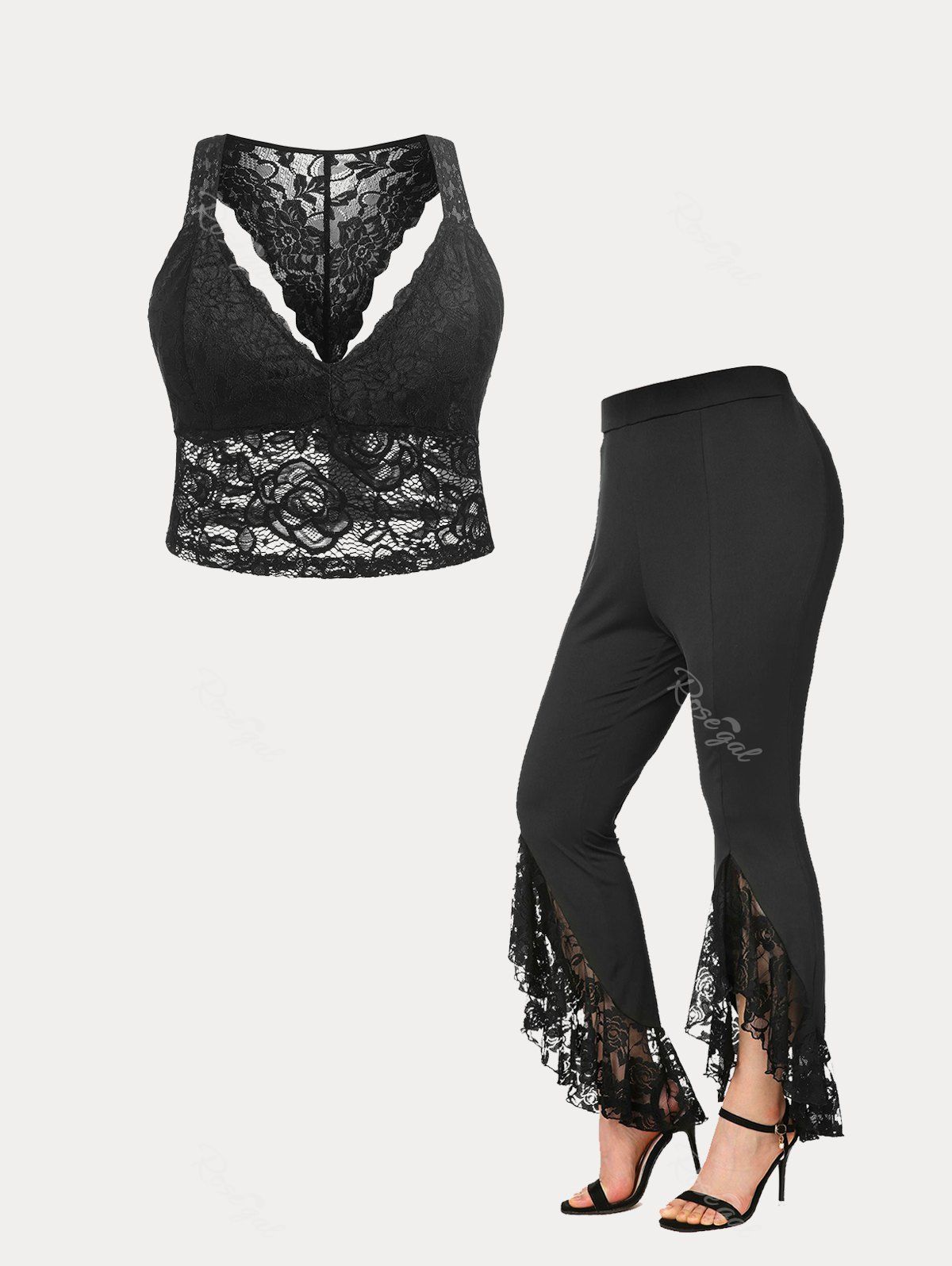 Affordable Plunge Lace Bra Top and Slit Bell Bottom Pants Plus Size Summer Festival Outfit  