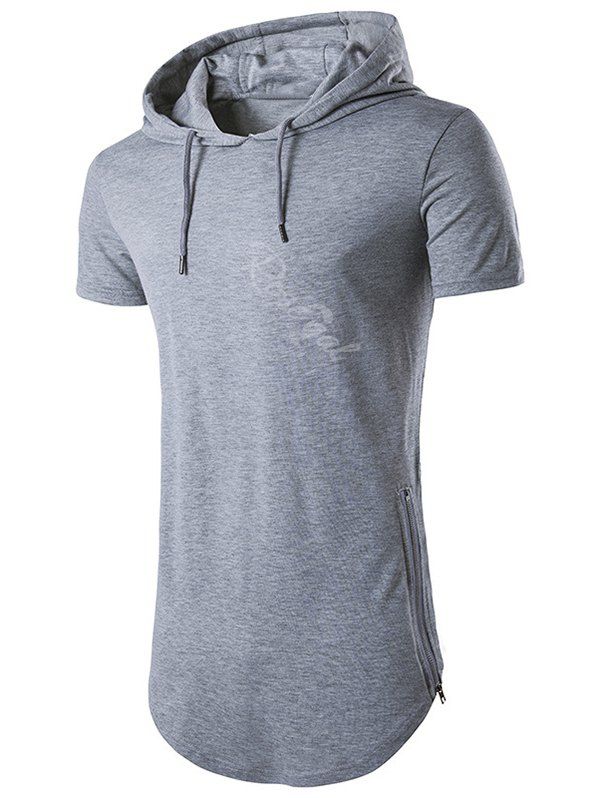 Store Zipper Slit Curved Hem Hooded T Shirt  