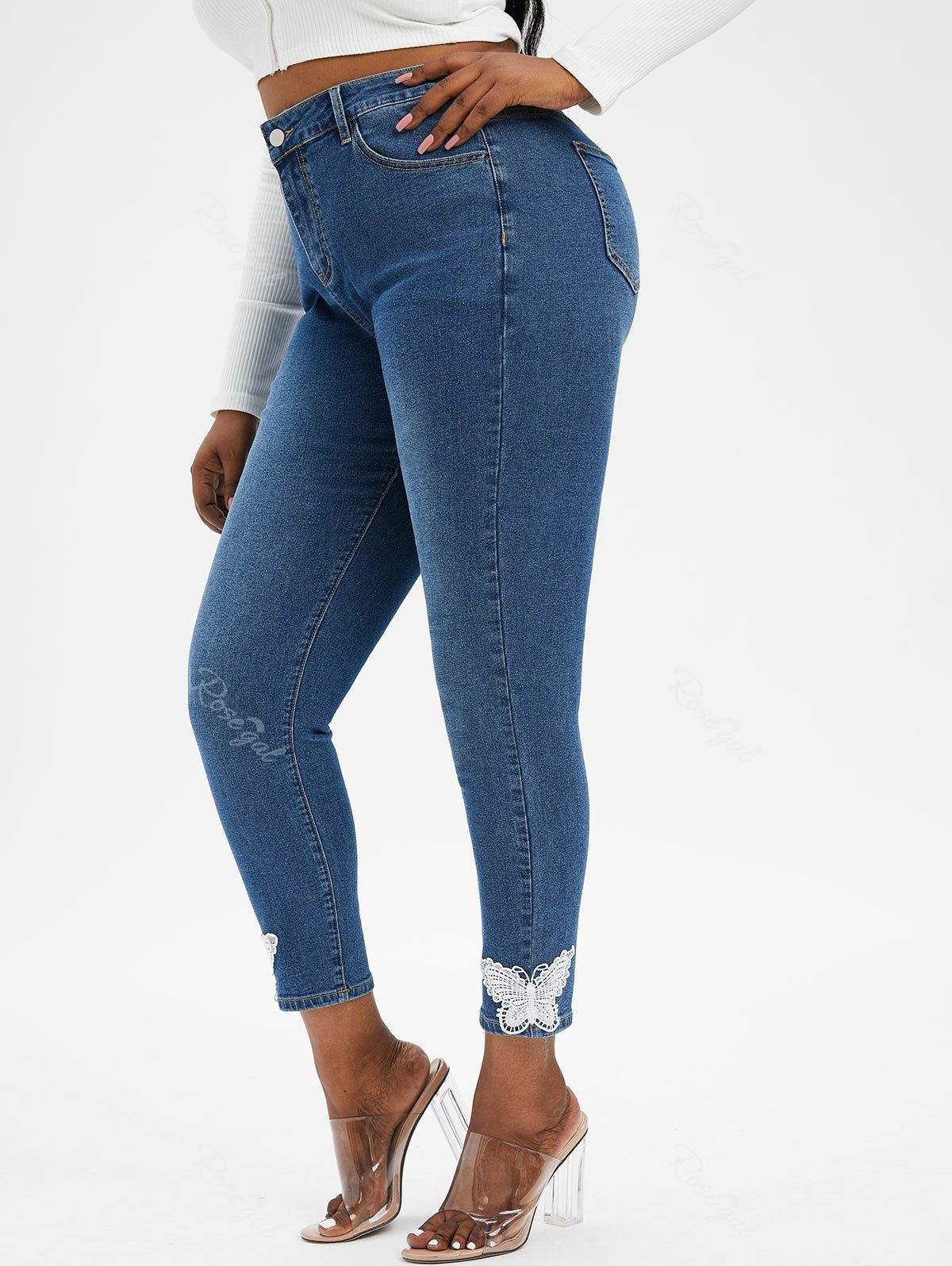 Latest Plus Size Lace Butterfly High Rise Jeans  