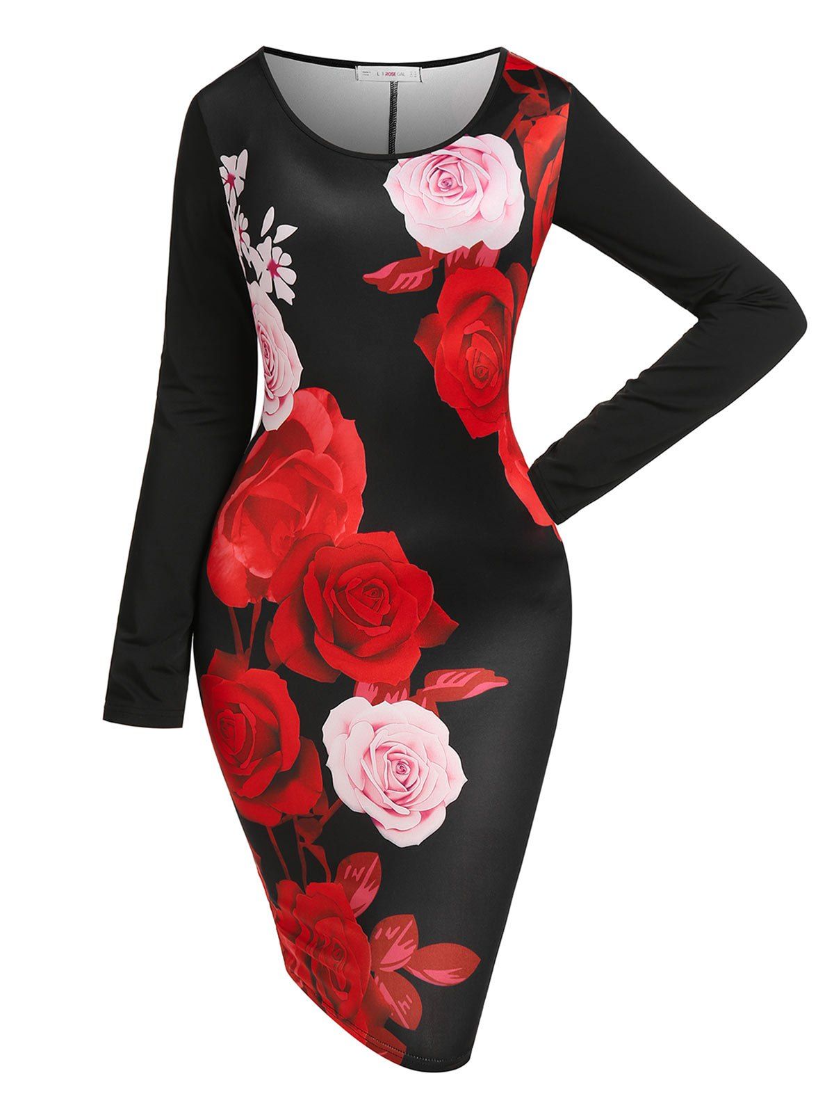 Cheap Plus Size Rose Print Bodycon Mini Dress  