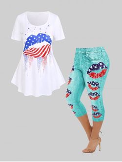 Patriotic American Flag Lip Print Tee and Capri Jeggings Plus Size Summer Outfit - GREEN