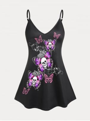 Plus Size & Curve Butterfly Skull Print Gothic Flowy Tank Top