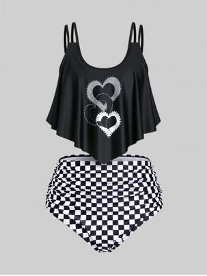 Plus Size & Curve  Ruched Heart Checkerboard Overlay Tankini Swimsuit