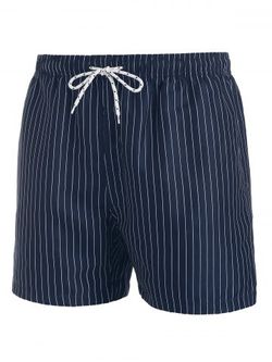 Pinstriped Drawstring Casual Shorts - DEEP BLUE - M