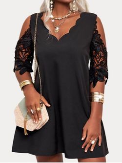 Plus Size & Curve Lace Panel Cold Shoulder Scalloped Mini Dress - BLACK - L | US 12