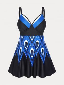 Plus Size & Curve Print Modest Tankini Swimsuit - BLUE - 2X