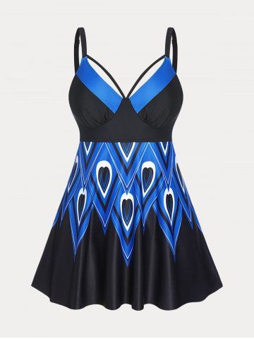 Plus Size & Curve Print Modest Tankini Swimsuit - BLUE - 5X