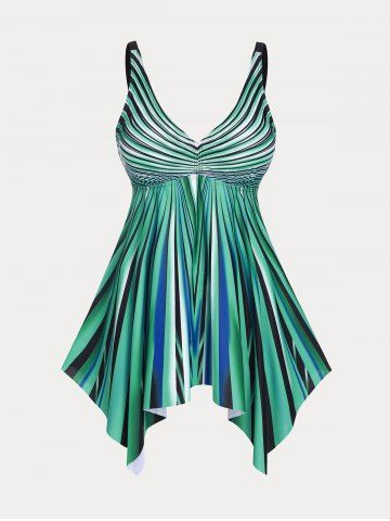 Plus Size & Curve Handkerchief Striped Tankini Swimsuit - LIGHT GREEN - L