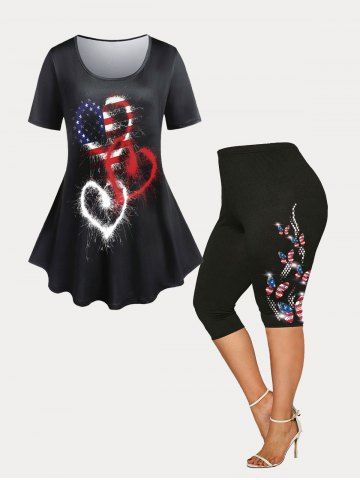 Patriotic American Flag Heart Print Tee and Capri Leggings Plus Size Summer Outfit